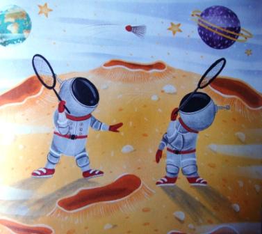 Космонавты играют в бадминтон для статьи Летающее яблоко